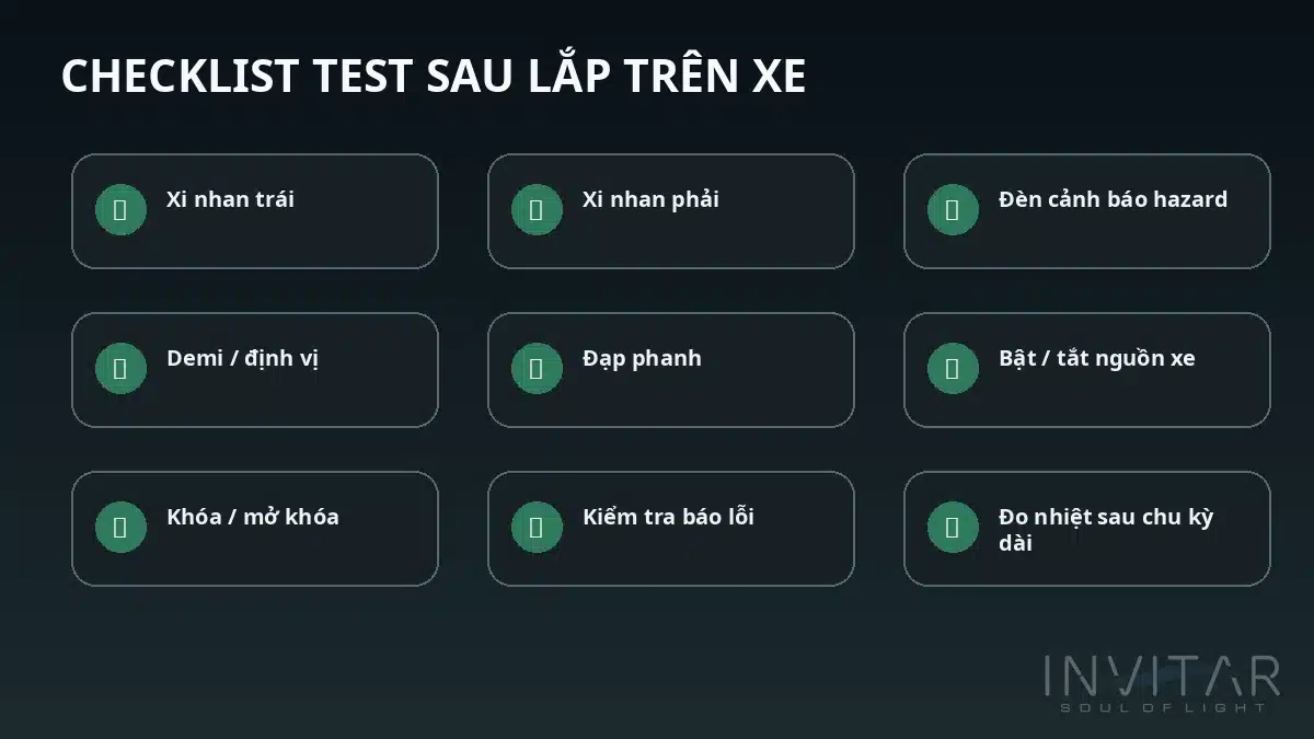 checklist test mạch xi nhan Limo Green sau khi lắp