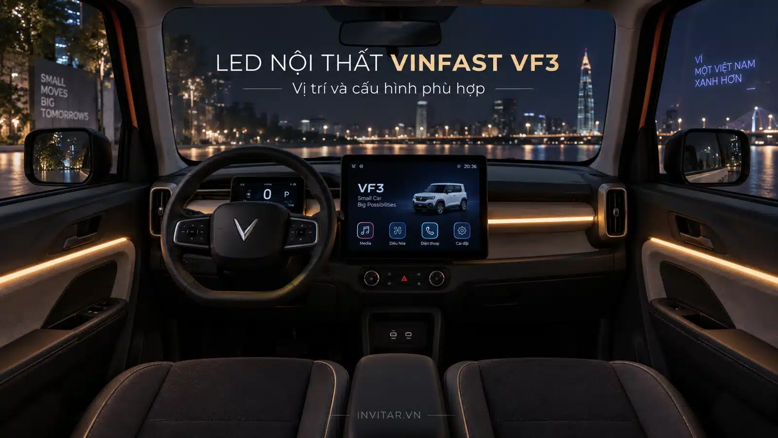 Minh họa LED nội thất VinFast VF3 với bố cục ánh sáng cân đối trong cabin