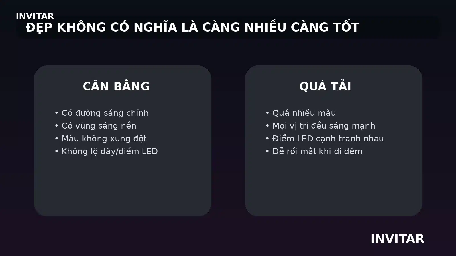 So sánh bố cục LED nội thất cân bằng và quá nhiều điểm sáng