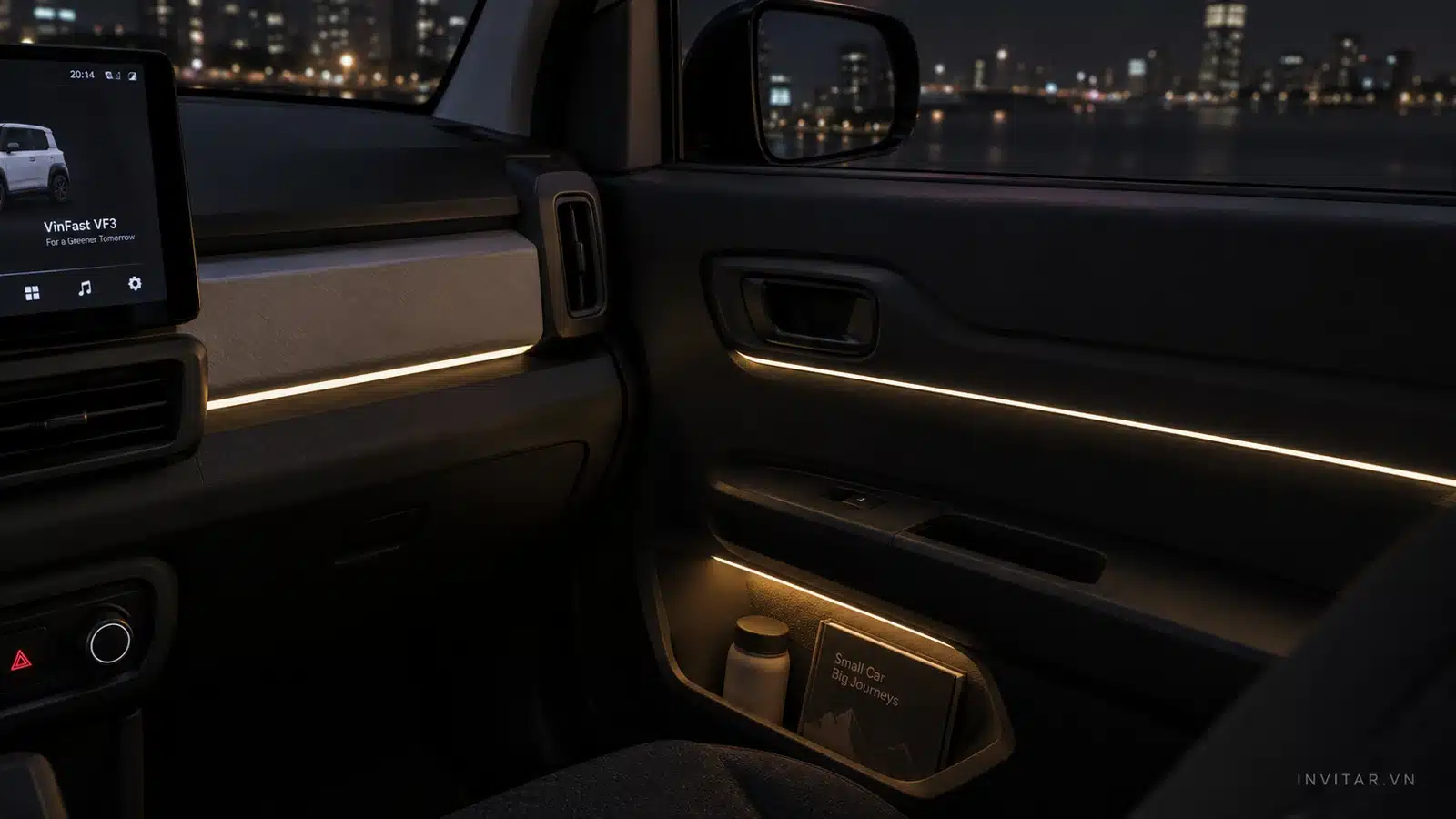Nội thất VinFast nhìn từ ghế hành khách với dải LED chạy dọc tapi cửa và taplo